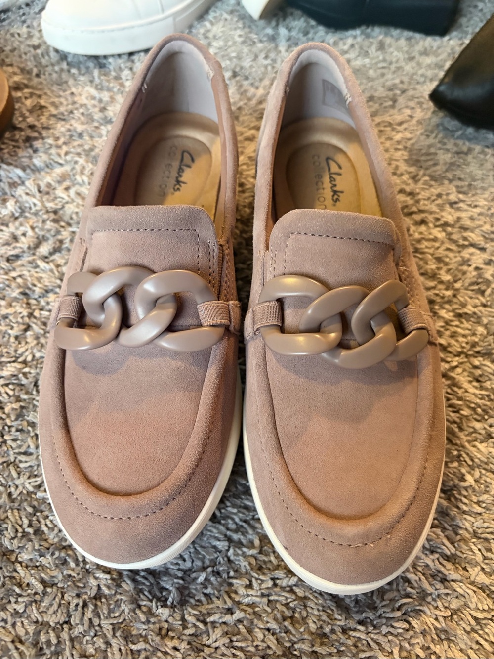 Clarks Women’s Taupe Suede Chain-Trim Slip-On Loafers